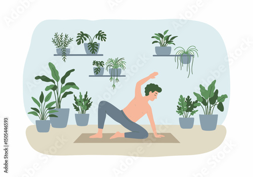 Male Yoga Enthusiast Practicing Twist Exercise in Indoor Garden