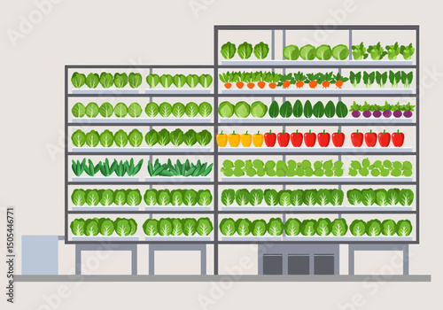 Indoor Vertical Farm Growing Vegetables and Herbs Vector Illustration