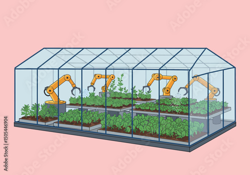 Robotic Arms Cultivating Plants in Greenhouse Microstock Illustration