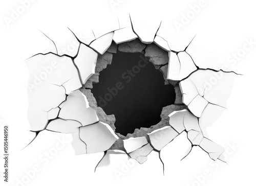 Cracked Wall With Breakthrough Hole Displaying Dark Background for Artistic Visual Impact