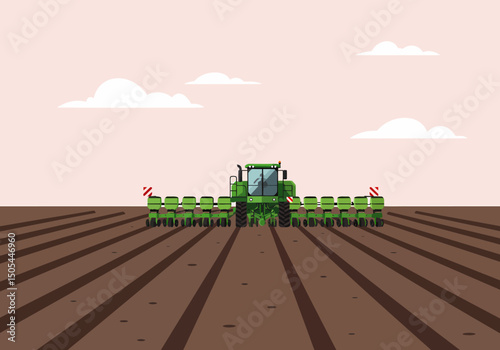 Green Tractor Sowing Seeds in a Ploughed Field