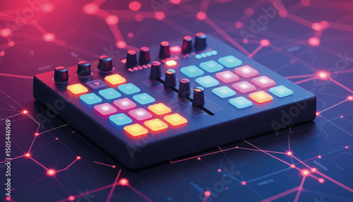 Digital mixing console in vibrant grid design, connectivity in music