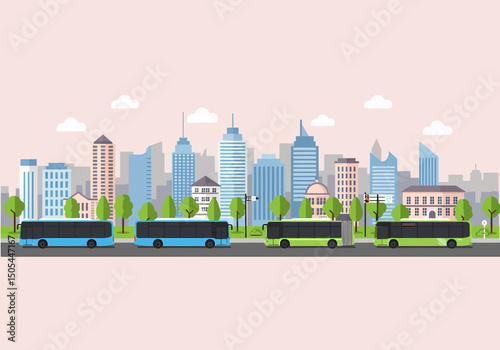 Buses Driving Through Cityscape Public Transportation Urban Life