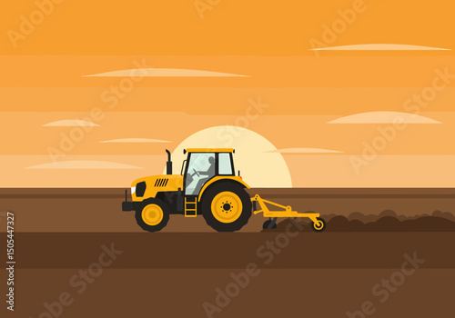 Yellow Tractor Ploughing Field at Sunset Vector Illustration