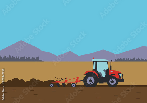 Red Tractor Plowing Field Landscape Illustration Agriculture Concept