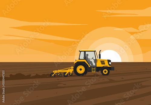 Tractor Plowing Field at Sunset Agricultural Farming Landscape