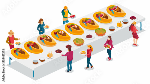 A lively taco bar feast with friends enjoying a casual buffet style gathering with a bright