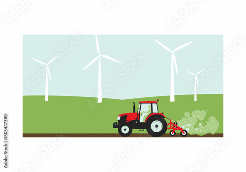 Red Tractor Plowing Field with Wind Turbines in Background