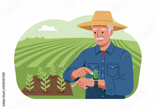 Farmer Monitoring Crop Growth With Smartwatch in Field