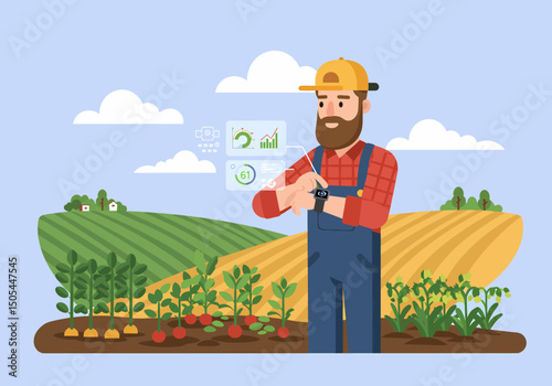 Farmer Monitoring Crop with Smartwatch in Green Field