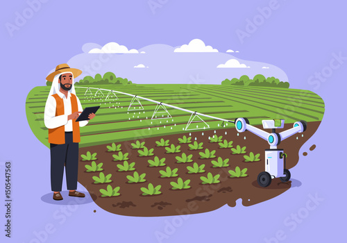 Modern farming system with farmer and robot on the field