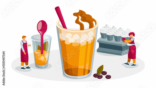 Iced Coffee Dreams A barista preparing sweet drinks and cupcakes in a bright vibrant cartoon scene