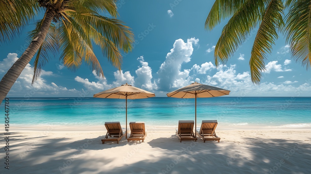 Fototapeta premium Tropical Beach Chairs and Umbrella with Palm Trees by Turquoise Sea
