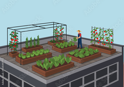 Rooftop Garden Vector Illustrating Sustainable Urban Farming