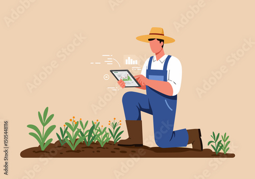 Farmer Monitoring Crop Health Using Digital Tablet Technology