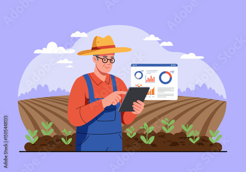 Farmer Man Using Tablet In Agricultural Field Illustration