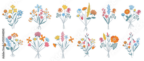 Wildflower colorful bouquets set. Bunches of blooming different meadow flowers, herbs, and wild plants. Botanical elements for design projects, minimal style. Vector illustration