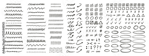 Crayon marks set, pencil drawings. Doodle chalk punctuation, symbols, underlines, strike through, arrows, check marks, dots and ellipses. Hand drawn line symbols. Vector illustration on white bg
