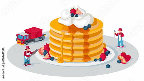 A playful breakfast scene with miniature chefs preparing a stack of pancakes with isometric