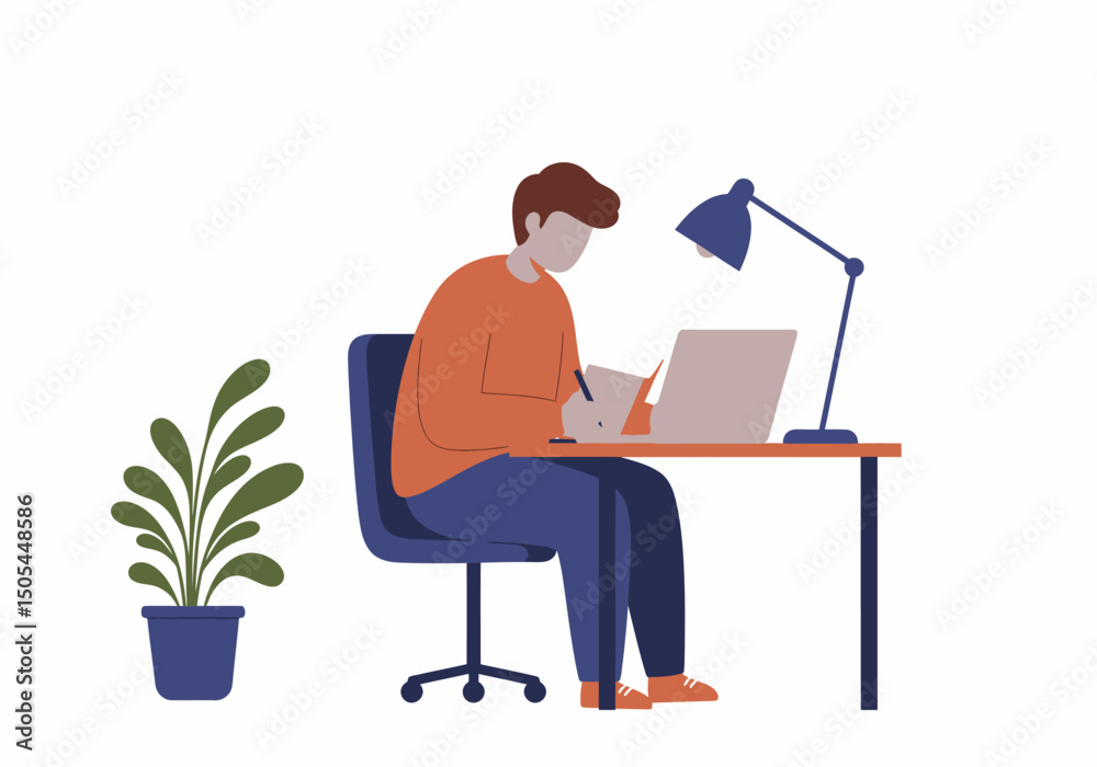 Man Working at Desk with Laptop and Plant Man Working at Desk with Laptop and Plant