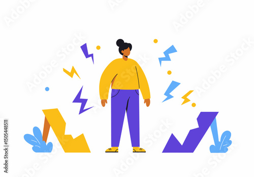 Stressed Woman Standing Between Falling Charts Illustration Concept