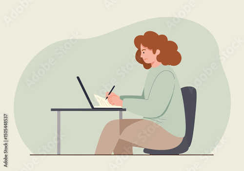 Woman Working from Home Taking Notes with Laptop
