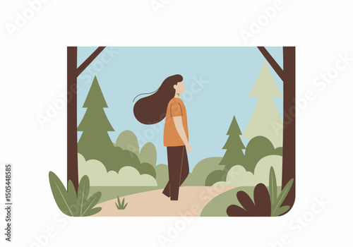 Woman Walking on Forest Path in Peaceful Nature Scenery