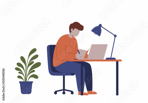 Man Working at Desk with Laptop and Plant