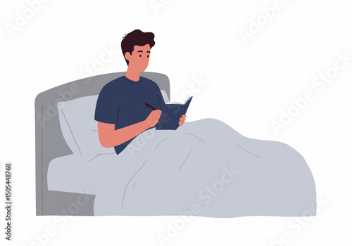 Man Writing Journal in Bed under Duvet Illustration