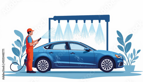 Car wash worker spraying vehicle with water, professional cleaning