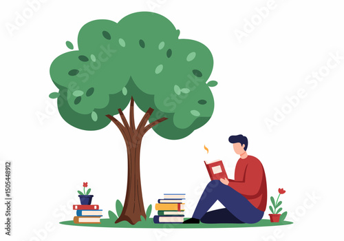 Illustration of Reading Man Under a Tree with Books