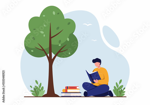 Man Reads Book Under a Tree Outdoors Illustration