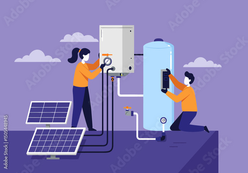 Solar Water Heating System Installation Energy Efficiency Illustration