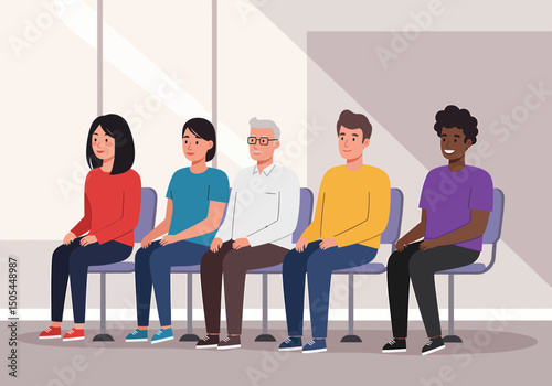 Diverse Group Waiting Patiently on Chairs Inside Room
