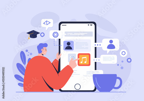 Man Interacting Mobile App Interface Educational Digital Technology