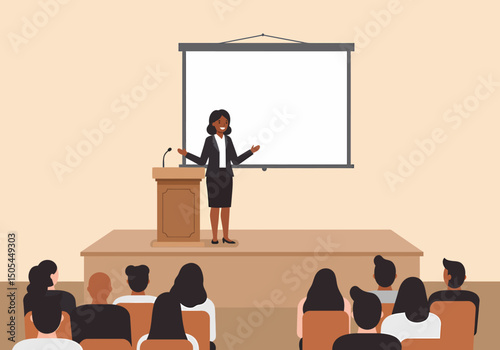 Female Speaker Presentation on Stage In Front of Audience