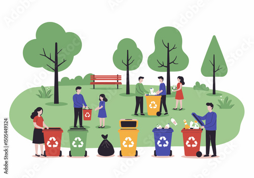People recycle plastic paper glass in public park vector