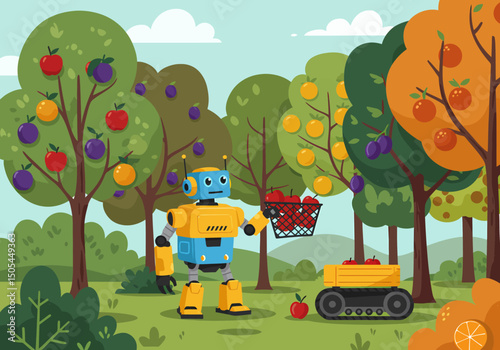 Robot Harvests Apples Oranges and Plums in Orchard Scene