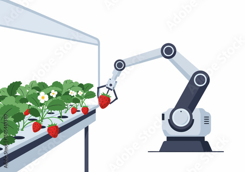 Robotic Arm Harvesting Strawberries in Vertical Farm Illustration