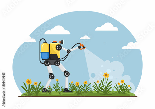 Agricultural Robot Spraying Flowers on Sunny Day Illustration