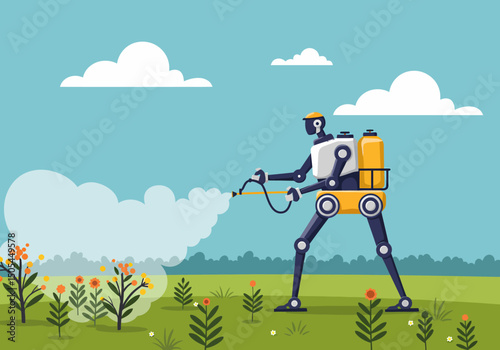 Futuristic Farming Robot Spraying Pesticide on a Flower Field