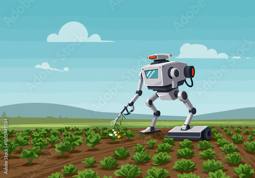 Robotic Agriculture Robot Harvesting Crops in a Green Field