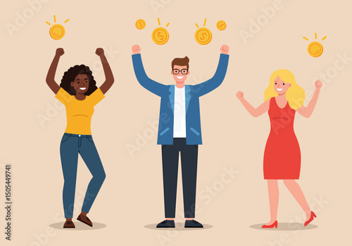 Diverse People Celebrating Financial Success with Golden Coins Above