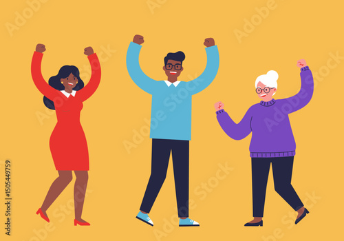 Diverse People Celebrate Success Happiness Together in a Yellow Background