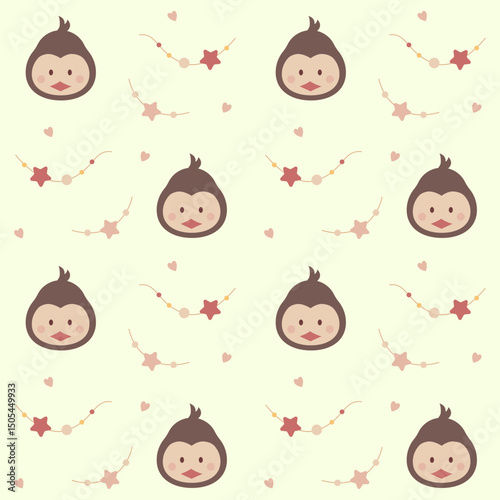 Nice penguin muzzle wallpaper. Repeat texture for kids textile in a flat style. Vector seamless pattern with funny animals heads for children. Baby tender ornament. Sweet character and toys.