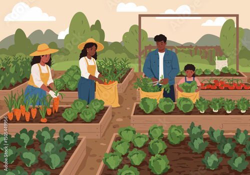 Diverse Family Harvesting Fresh Vegetables In Their Home Garden