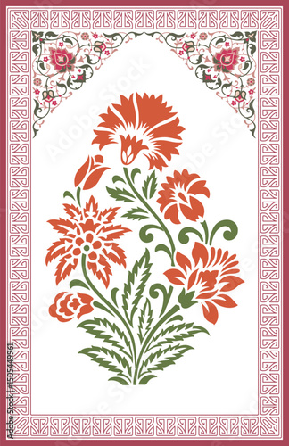 Mughal Floral Vector Art, Icons, Mughal ornate archway with peacock and floral, Decorative plant illustration for wall painting. Botanical floral textile design, digital print.