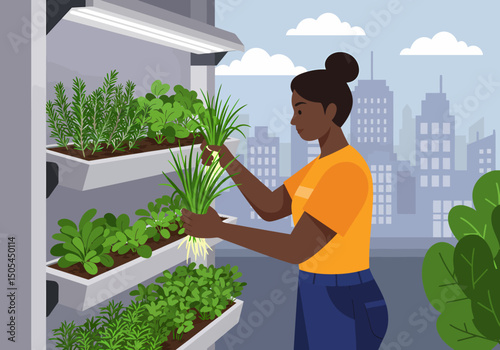 Urban Gardener Cultivating Herbs in Vertical Garden on Balcony