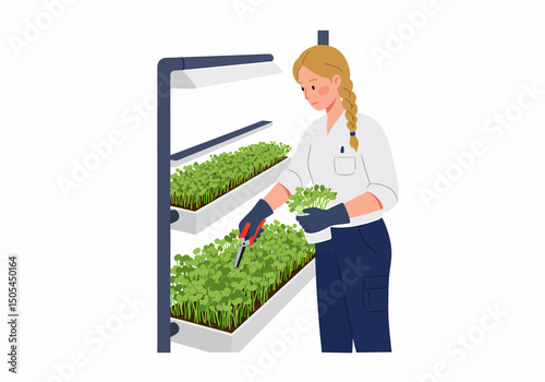 Vertical Farming Woman Harvesting Greens in Indoor Garden