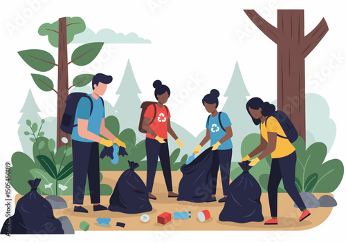 Team Volunteers Cleanup Forest Environment Picking Up Waste